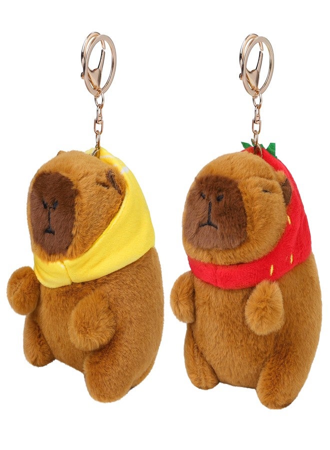 Aodaer 2 Pieces Capybara Plush Keychain, Capybara Stuffed Animals Plush Toy Pendant for Backpack Birthday Gifts Party Favor (Strawberry Hat, Lemon Hat) - Image 1